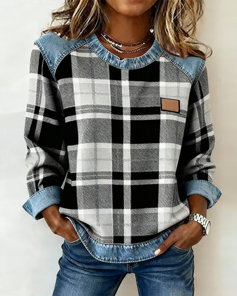 Mia | Women's Round Neck Denim Patchwork Pullover