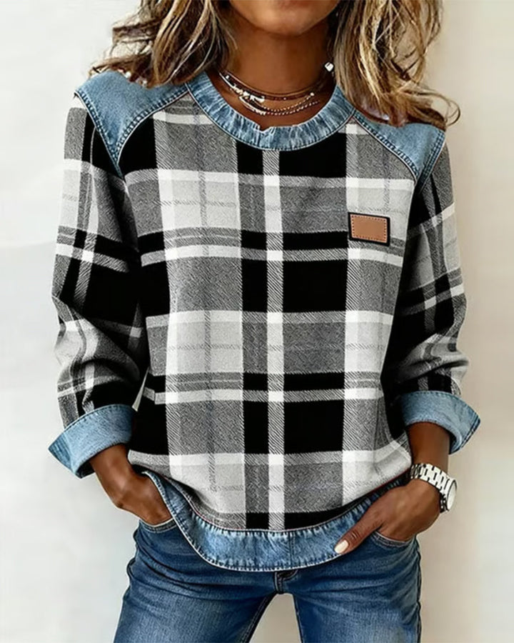 Mia | Women's Round Neck Denim Patchwork Pullover