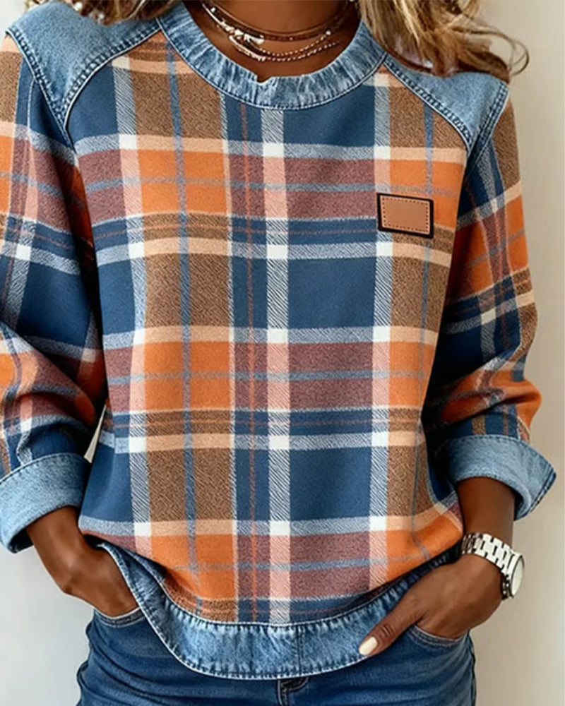 Mia | Women's Round Neck Denim Patchwork Pullover