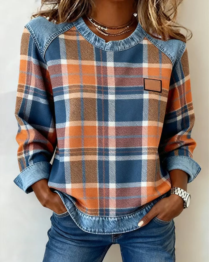 Mia | Women's Round Neck Denim Patchwork Pullover