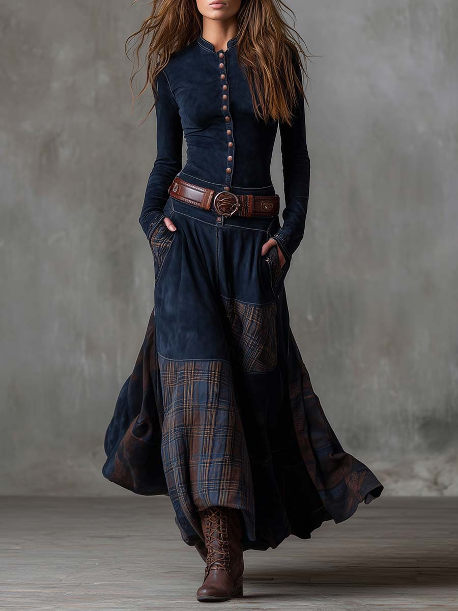 Stella | Checked Suede Maxi Dress